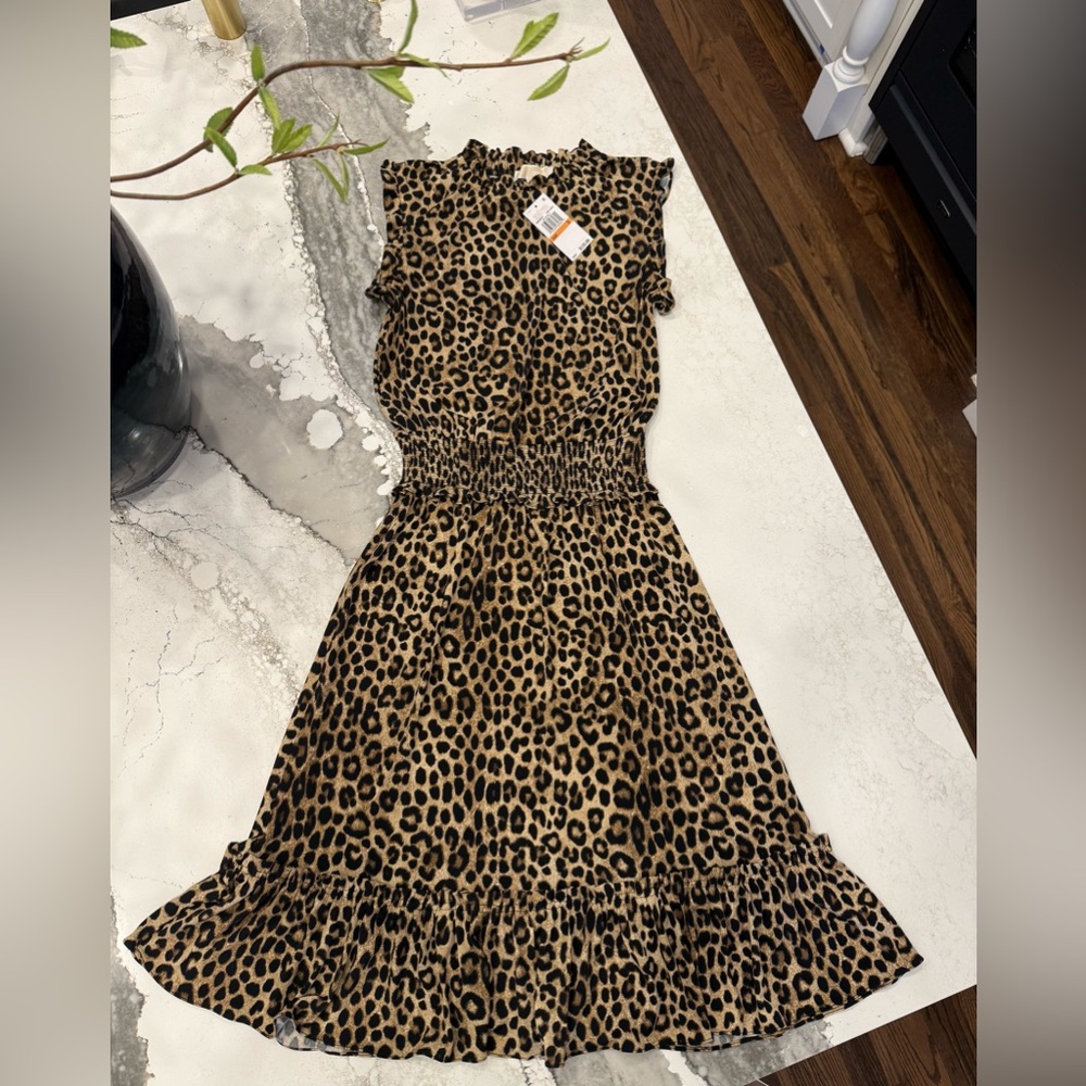 Michael Kors Women’s Leopard Smocked Waist Ruffle Trim Sleeveless Dress